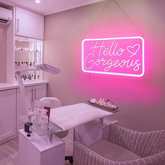 Hello Gorgeous Neon Signs for Wall Decor, Hello Beautiful Neon Sign for Girls Bedroom, Makeup Room Pink LED Neon Lights for Bachelorette Birthday Party Wedding USB Powered with Dimmable Switch