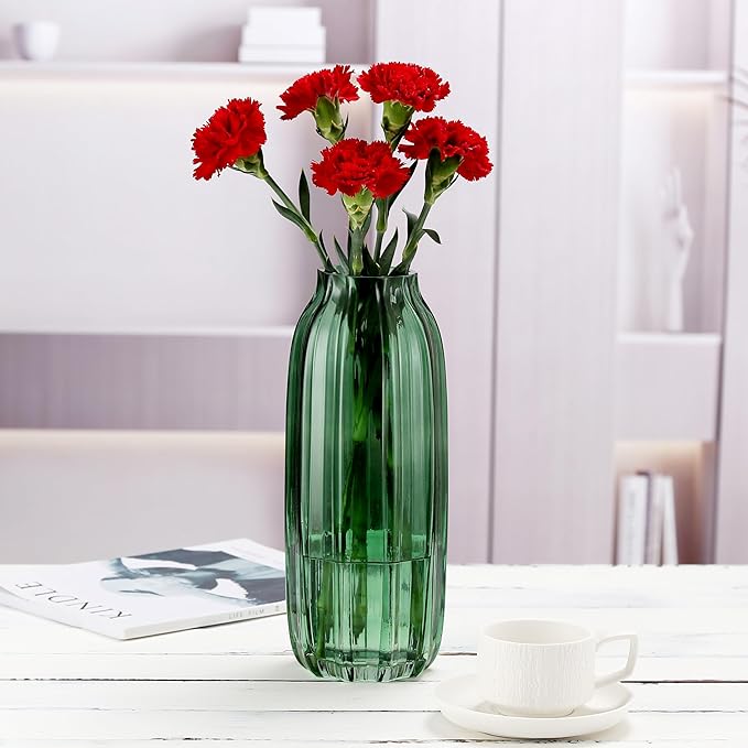 Green Glass Vase for Flowers Bud Tall Glass Vases,H-12.0" Simple Striped Design for Home Floor Decor,Farmhouse Decor, Centerpiece Coffee Table Decorations (Green 12.0IN)
