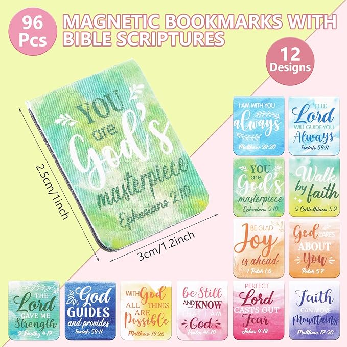 Dianelhall 96 Pieces Bible Verse Magnetic Bookmarks 16 Styles Christian Magnet Book Markers Inspirational Motivational Encouraging Magnetic Page Clip for Women Men School Office Supplies