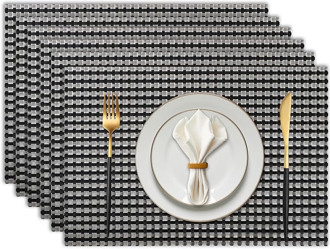 Vinyl Plastic Placemats Set of 6 Washable Heat Resistant Non-Slip Elegant Indoor Outdoor Kitchen Dining PVC Woven Table Place Mats (Black Silver Weaving)