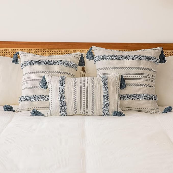 Boho Throw Pillow Covers 18x18 Set of 2 Woven Tufted Farmhouse Pillows Cover with Tassels Textured Striped Cushion Case Neutral Pillow Cases Decorative Pillowcase for Sofa, Bed, Dark Blue