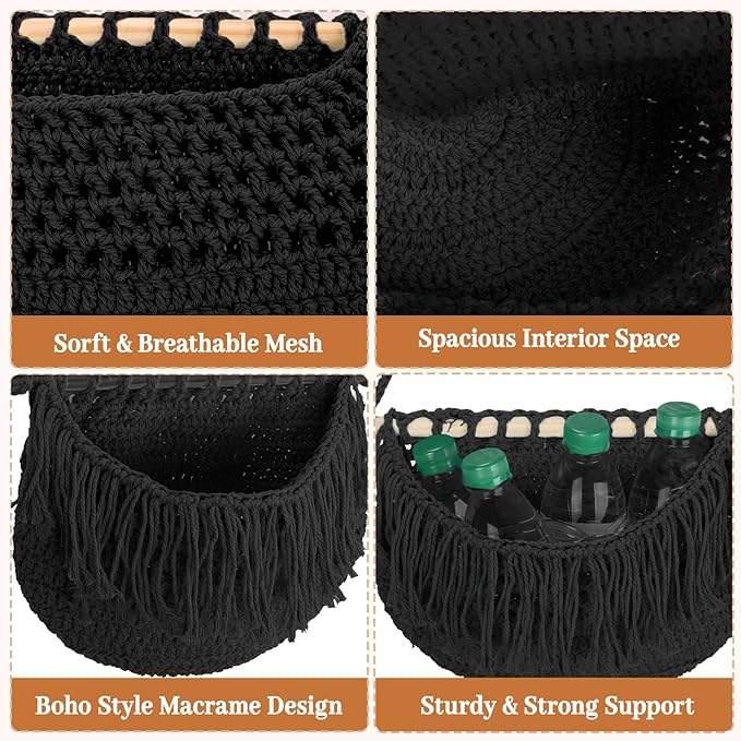 4 Tier Hanging Fruit Basket for Kitchen, 4 Pack Detachable Cotton Crocheted Wall Hanging Baskets Shelf Over Door Organizer for Fruit Veggie Plant, Hanging Storage Basket for Bathroom Bedroom(Black)