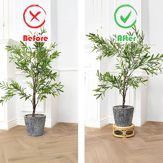 Set of 2 Boho Rattan Woven Round Decorative Risers Plant Stands Indoor, Mid Century Minimalist Modern Plant Stand, Wicker Short Plant Stand Holder Suitable Fits 8'' and 12'' Pots