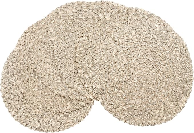 Floroom 15 Inch Round Braided Placemats Set of 6, Washable Heat Resistant Cotton Polyester Circle Boho Place Mats for Kitchen Dining Table - Dunes Khaki