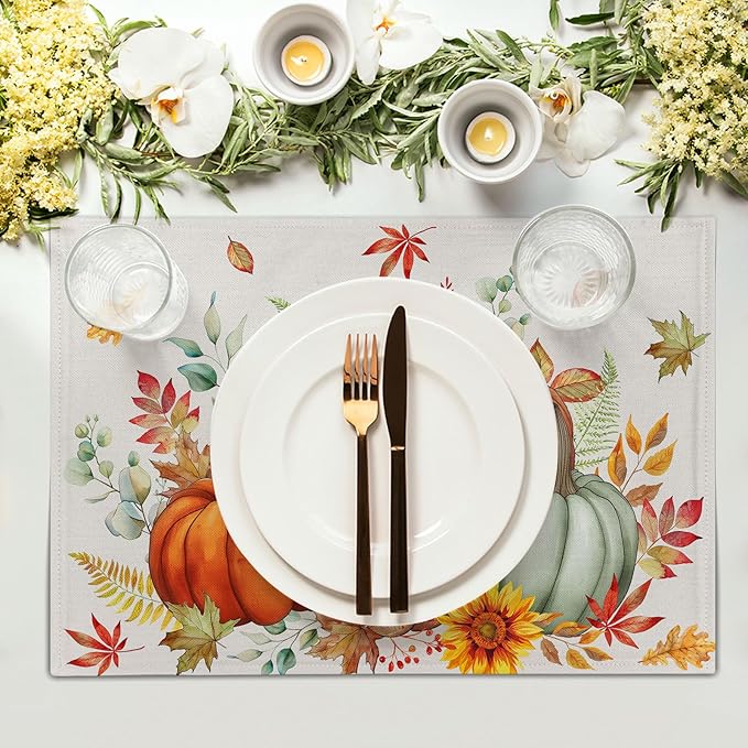 Pumpkins Maple Leaves Placemats Set of 4 Sunflowers Autumn Thanksgiving Table Mats 12 x 18 Inch Farmhouse Decoration for Party Dining Kitchen