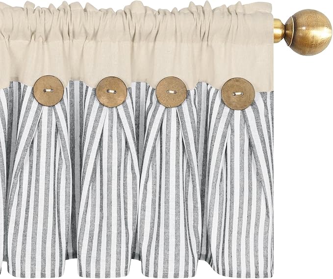 ASPMIZ Cotton Linen Window Treatment Tiers 24 Inch, Boho Rustic Button Kitchen Curtains Farmhouse Style, Grey Stripe Half Window Curtains, Country Short Rod Pocket Curtain for Small Window, 2 Panels