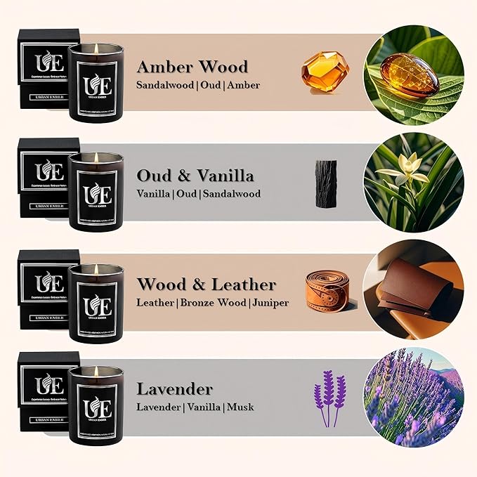 4 Pack Scented Aromatherapy Candles Gifts Set, 32 oz 220 Hour Long Lasting Candles, Amber Wood/Oud Vanilla/Wood Leather/Lavender