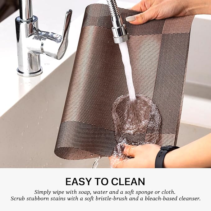 LEXMORE PlaceMats Set of 12 Vinyl/Plastic Woven Place Mats for Kitchen Table Indoor/Outdoor Washable PlaceMat Wipeable Dining Table Mats(Brown Cube)