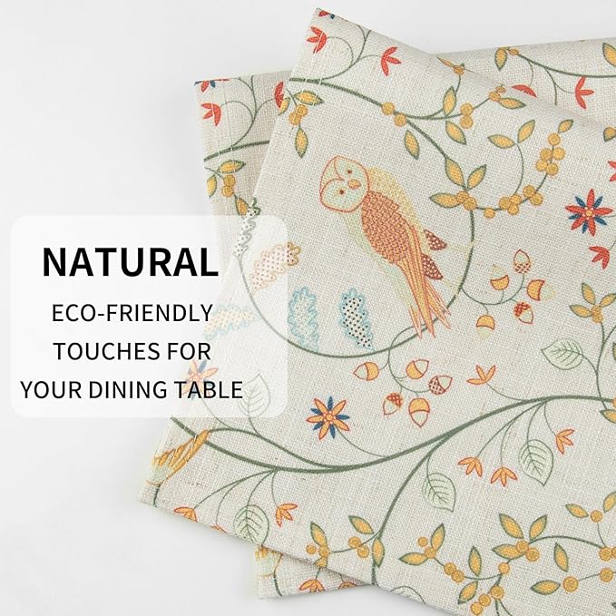 QIYI Boho Placemats Set of 6, 12x18 Inch Linen Fabric Place Mats for Kitchen Dinning, Farmhouse Rustic Floral Cloth Table Mats, Washable Placemat Folk Art Party Table Décor, Forest Birds