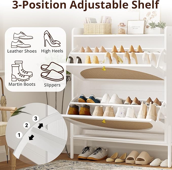 IRONCK Shoe Cabinet Storage with 2 Flip Drawers, Free Standing Wooden Shoe Storage Organizer Cabinet with Rattan Doors for Entryway, Narrow Shoe Rack Cabinet, White