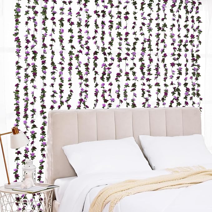 BLEUM CADE 12Pcs 98.4Ft Flower Garland Artificial Rose Vines for Bedroom, Cute Fake Hanging Flower Vines Floral Garland Decorations for Wedding Party Wall Room Decor Aesthetic