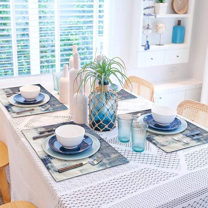 Blue Abstract White and Grey Modern Art Placemats Set of 4, Heat Resistant Non-Slip Artwork Dining Placemats, Washable Place Mats for Home Kitchen (18"X12")