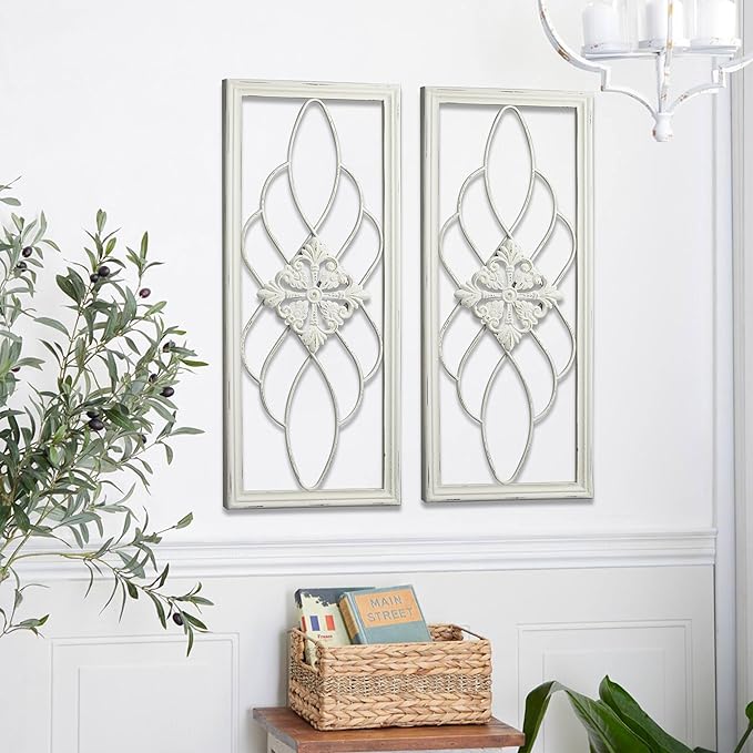 Sintosin Rustic Wood and Metal Wall Art Decor Living Room 14 x 35 Inch, Hanging Distressed White Decorative Vintage Wrought Iron Wall Decor for Living Room Entryway Hallway Bedroom Kitchen