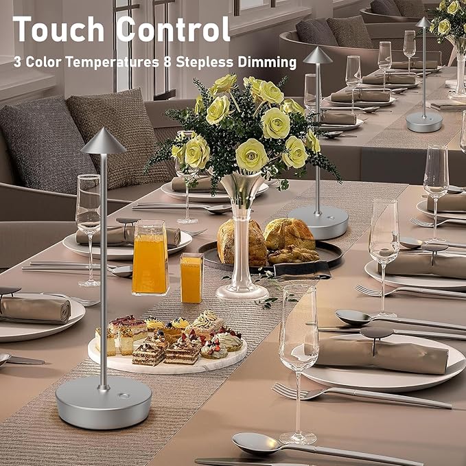 Rechargeable Cordless Table Lamp, 6000mAh LED Battery Operated Desk Lamp Touch 3 Color Stepless Dimming Portable Outdoor Waterproof Table Light for Patio/Restaurant/Dining/Home (Silver)