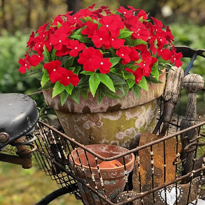 4 Pcs Artificial Flowers Outdoor Impatiens UV Resistant Silk Impatiens Flowers Red Faux Flowers Impatiens Bushes Artificial Impatiens for Pot Patio Lawn Garden Hanging Basket Porch Decor