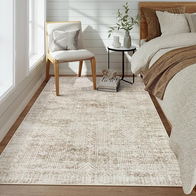 Lahome Beige Neutral Rugs for Living Room 5x7, Machine Washable Farmhouse Rug for Bedroom, Boho Soft Warm Carpet for Dining Room Playroom Nursery Home Office