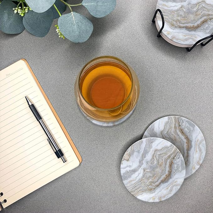 Emerson Coasters for Drinks Absorbent – Natural Stone Drink Coasters Set with Holder, Coasters for Coffee Table, Wooden Tabletop Protection Marble Style – 100% Heavy Duty Set of 6 (Sky)