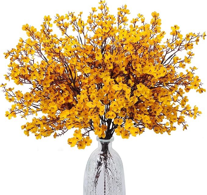 AILANDA 12 PCS Artificial Fall Flowers Babys Breath Orange Yellow Real Touch Silk Floral Arrangement Gypsophila Flowers for Home Wedding Table Centerpiece Fireplace Vase Filler Autumn Decor