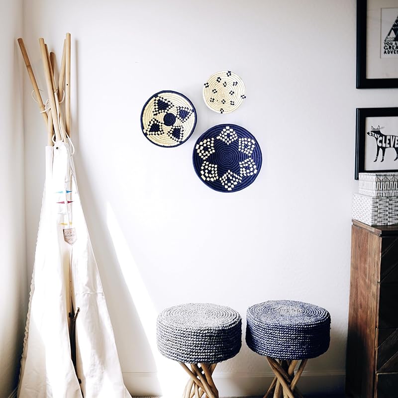 Set of 3 Round Boho Hanging Wall Basket Home Decor for Bedroom, Kitchen, Farmhouse Handmade Decorative Unique Indian Wall Decor Woven Wicker Baskets Decorations (Set of 3, NavyNook)