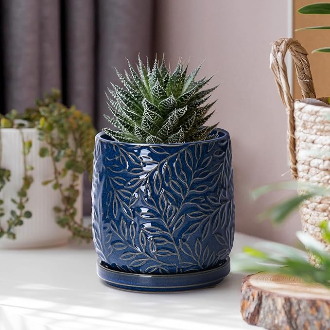 D'vine Dev 4 Inch Embossed Leaves Stoneware Planter Pot with Drainage Hole and Saucer, Midnight Blue, 27-A-Z-3