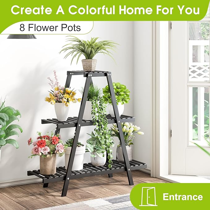 BMOSU Plant Stand Bamboo for Indoor Outdoor Tiered Plant Shelf 8 Potted Flower Holder Ladder Rack Garden Balcony Living Room Patio(3 Tier Black)