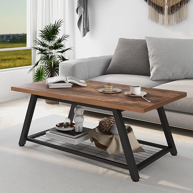 Tohomeor 2-Tier Industrial Coffee Table Mnimalist Vintage Farmhouse Wooden and Metal Living Room Coffee Table with Storage Shelf Accent Furniture (Rustic Brown)