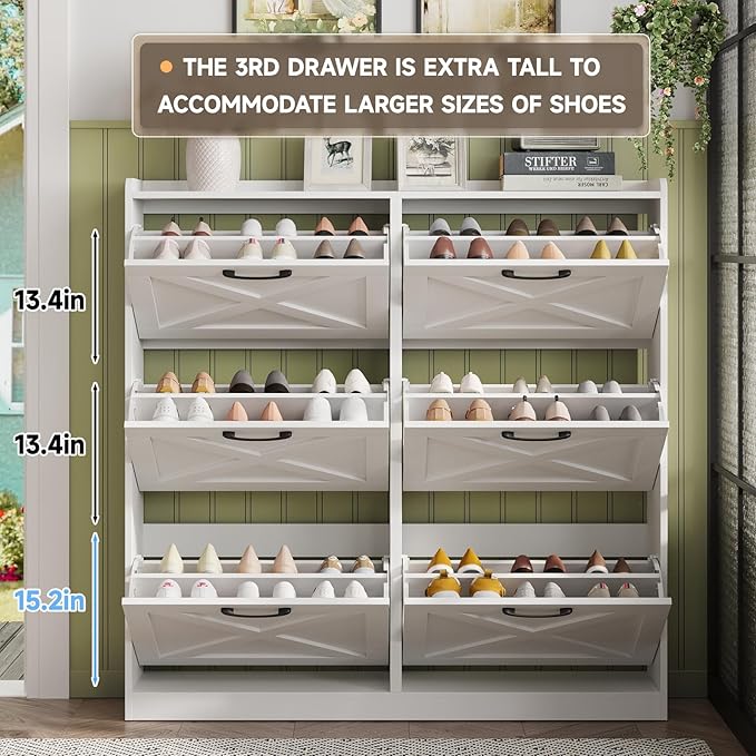 Maupvit Large Shoe Storage Cabinet with 6 Flip Drawers, Freestanding Shoe Organizer with Metal Handles for Entryway, Narrow Shoe Rack Cabinet, White
