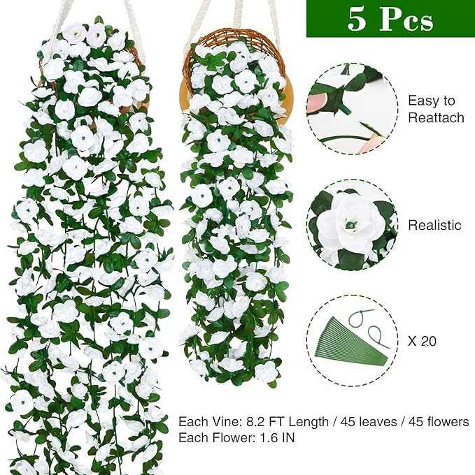 BLEUM CADE 5Pcs 41Ft Flower Garland Artificial Rose Vines for Bedroom, Cute Fake Hanging Flower Vines Floral Garland Decorations for Wedding Party Wall Room Decor Aesthetic