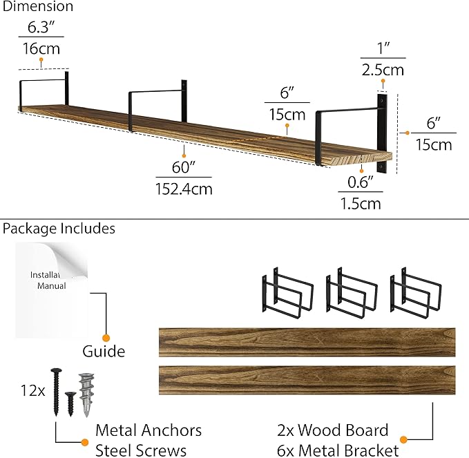 Wallniture 2pc 60x6inch Rustic Floating Shelves, Paulownia Wood, Burnt, for Living Room, Bedroom, Kitchen, Home Office, Book Shelf, 20kg Capacity