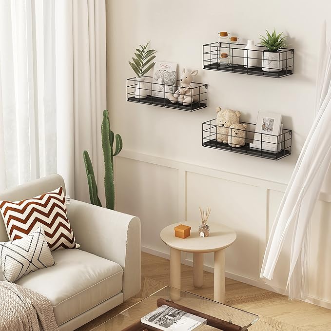 Fixwal 4 Set Floating Shelves Wall Shelves for Storage Hanging Shelves Wall Mounted for Living Room Kitchen and Bedroom Bathroom for Wall Decorative Storage (Black)