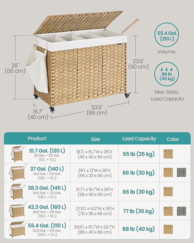 SONGMICS Laundry Hamper with Lid, 55.4 Gallons (210 L), Rolling Laundry Basket with Wheels, 4-Section Synthetic Rattan, Removable Liner, Bedroom, 33.9 x 15.7 x 26 Inches, Natural Color ULCB460Y01