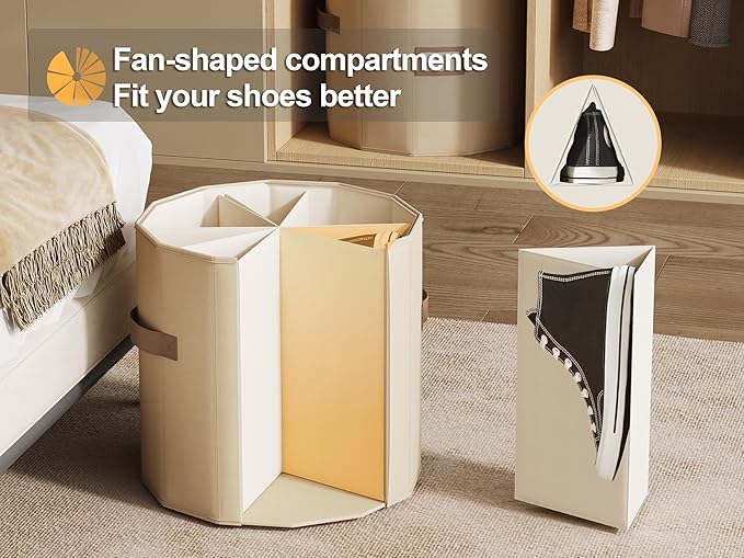 Vailando Shoe Organizer for Closet - Cylindrical Shoe Storage Organizer with Adjustable Dividers for Closet, Foldable, Beige, 2-Pack