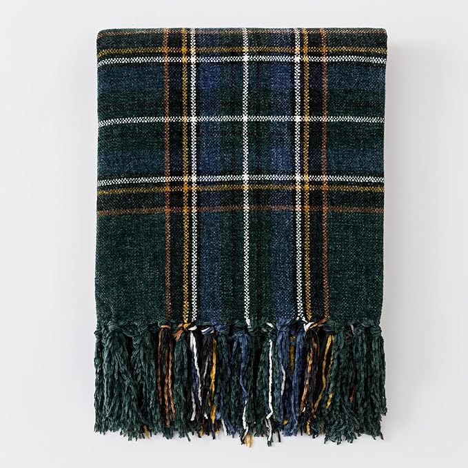 EVERGRACE Stewart Green Christmas Plaid Chenille Throw Blanket for Couch, Super Soft Cozy Tartan Checkered Throw Blanket with Tassels, Lightweight Plush Chenille Throw for Christmas Decor, 60"x80"