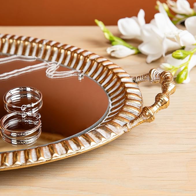 Glitzhome Set of 2 Oversized Vintage Gold Mirror Decorative Trays with Handles, Oval Metal Vanity Jewelry Tray Perfume Dresser Tray, Elegant Jewelry Organizer Makeup Trays