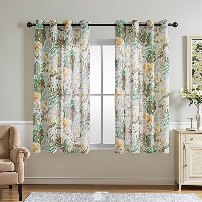 MYSKY HOME Floral Curtains 63 Inch Length Semi Sheer Drapes for Living Room Bedroom, Flower Printing Window Treatment Grommet 2 Panels,Yellow and Natural