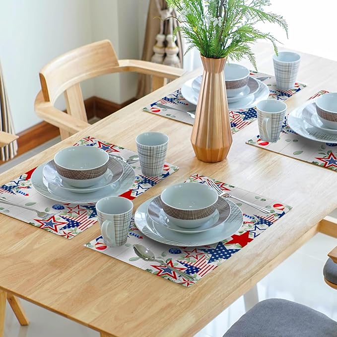 4th of July Placemats Set of 4 Patriotic America Flag Stars Rectangle Table Mats 12x18 Inch Country Rustic Holiday Kitchen Dining Home Outdoor Party Table Decoration