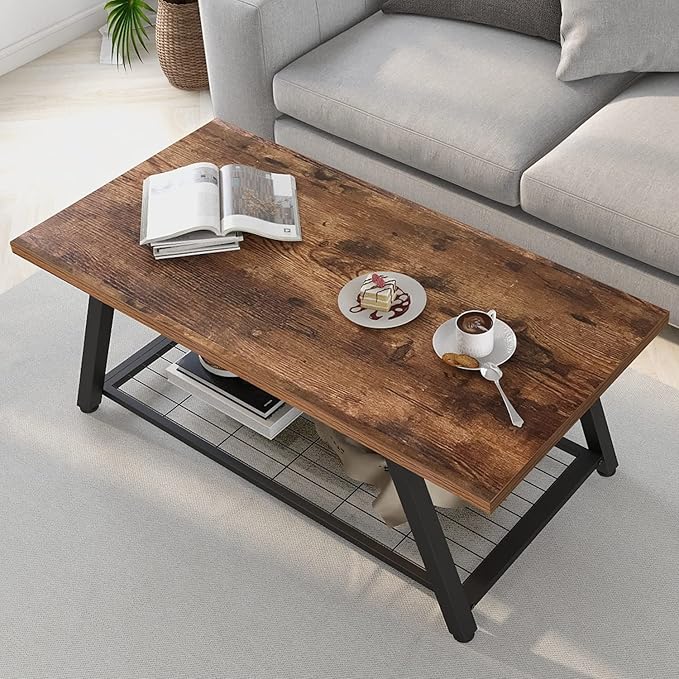 Tohomeor 2-Tier Industrial Coffee Table Mnimalist Vintage Farmhouse Wooden and Metal Living Room Coffee Table with Storage Shelf Accent Furniture (Rustic Brown)