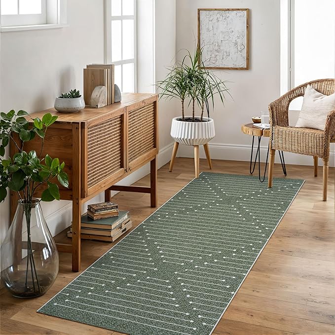 LIVEBOX Green Runner Washable Rug 2'x6', Boho Long Hallway Runner Rugs, Moroccan Woven Kitchen Runners, Entryway Throw Rug Indoor Cotton Mat for Bedroom Laundry Bathroom(Green & White)