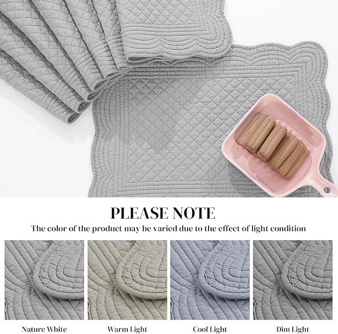 HOMBYS Quilted Placemats Set of 6 Washable-13x18 inches Rectangular Placemats for Kitchen Table-100% Cotton Fabric Rectangular Table Mats, (Dark Grey)