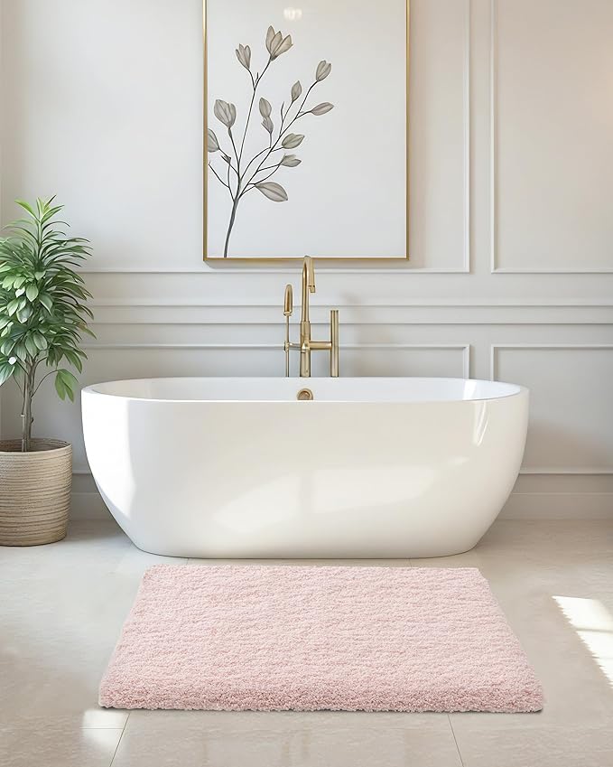 ILANGO Pink Bathroom Rugs 32" × 20" Non Slip & Super Absorbent Extra Thick Soft, Washable Bath Mat for Floor, Microfiber Plush Shaggy Bath Rug with Rubber for Bathtub Shower Room Sink