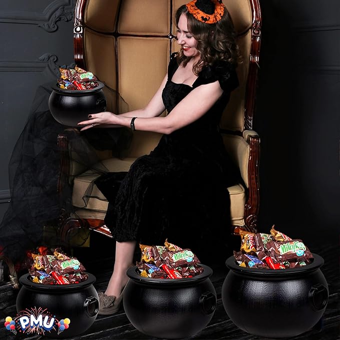 PMU 4 Pc 16" 12" 8" 6" Inch Halloween Black Cauldron Kettle, Halloween Black Plastic Witch Cauldron Kettle, Halloween Party Decorations, Halloween Decorations Indoor & Outdoor