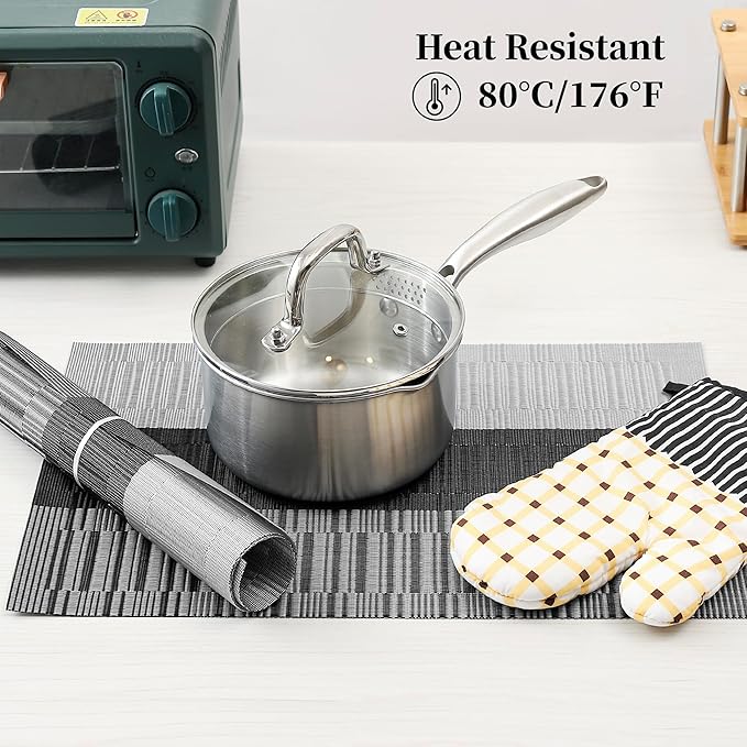 Leetaltree Grey with White Striped Placemats Set of 4 - Heat Resistant Non-Slip Place mats for Dining Table, Washable Durable PVC Vinyl Woven Table Mats(Grey Stripe, 4)