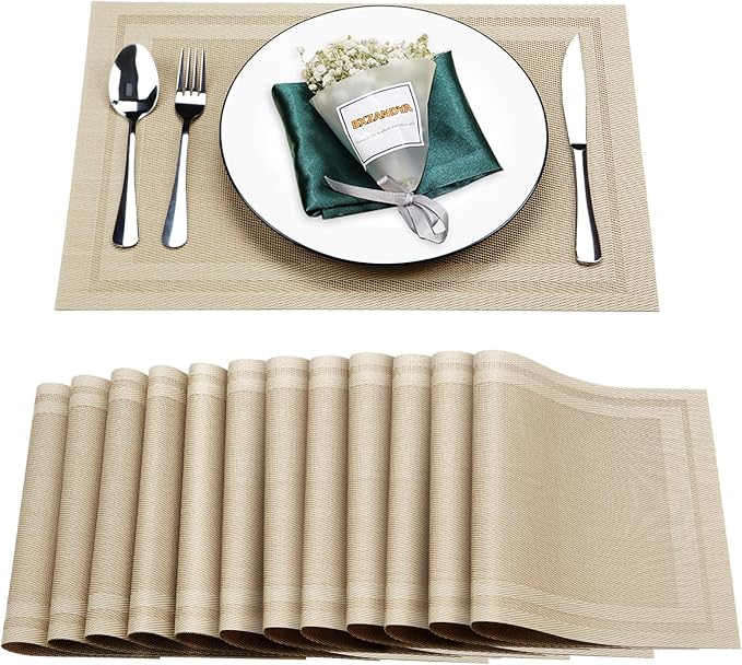 Placemats Set of 12,Washable,Heat and Stain Resistant Indoor/Outdoor Place mats, Vinyl Woven Non Slip Table Mats for Restaurant Table Protection, PVC Table Placemats(Beige, 12PCS)