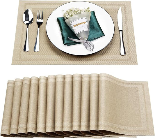 Placemats Set of 12,Washable,Heat and Stain Resistant Indoor/Outdoor Place mats, Vinyl Woven Non Slip Table Mats for Restaurant Table Protection, PVC Table Placemats(Beige, 12PCS)