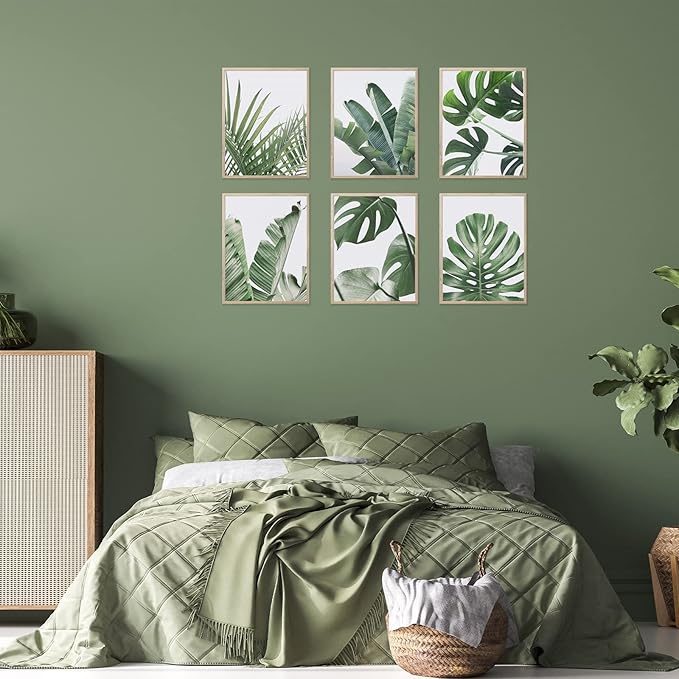 HoozGee Botanical Plant Wall Art Prints Set of 6 Green Plant Wall Decor Prints Canvas Leaves Kitchen Wall Art Boho Leaf Boho Bathroom Decor (11"x14" UNFRAMED)