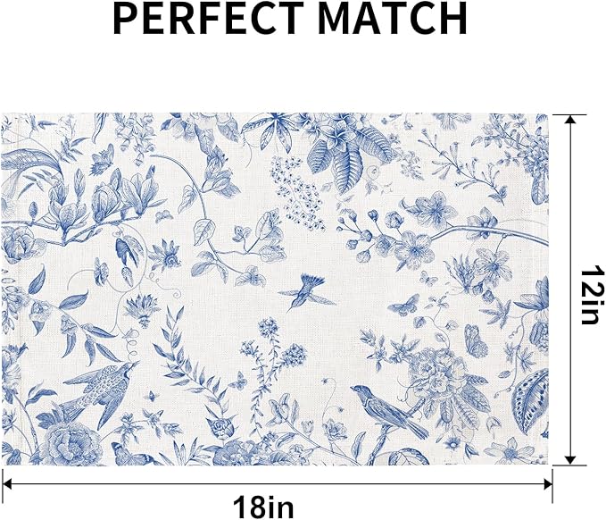 QIYI Boho Placemats Set of 4, 12x18 Inch Linen Fabric Place Mats for Kitchen Dinning, Farmhouse Rustic Floral Cloth Table Mats, Washable Placemat Botanical Party Table Décor, Blue Garden