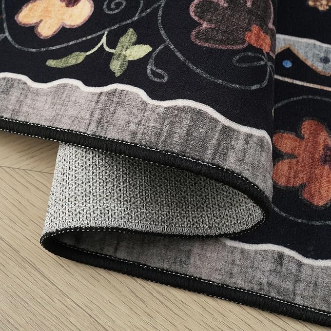 Runner Rug for Kitchen Non Slip 2'6''x8' Washable Rugs with Rubber Backing Soft Floral Animal Cat Carpet Runner for Kitchen Laundry Bedroom Bathroom, Black