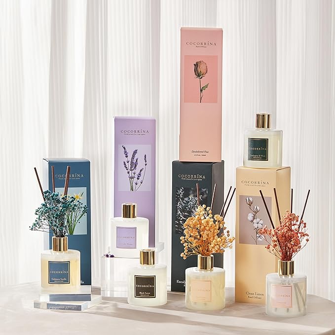 Cocorrína Premium Reed Diffuser Set with Preserved Baby's Breath & Cotton Stick Sandalwood Rose | 6.7oz Scent Fragrance Oil Diffuser for Bedroom Bathroom Home Décor