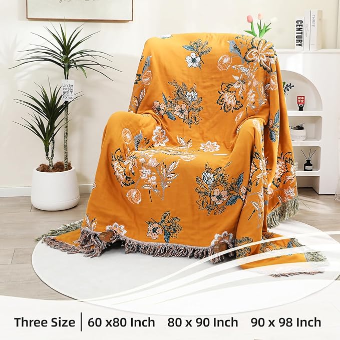 Boho Large Throw Blanket, 100% Organic Cotton Breathable Soft Bed Throw - Floral Bird Farmhouse Decor Blanket for Sofa Couch Chair Quilt and Gift. (Flower-Art, 60" x 80")