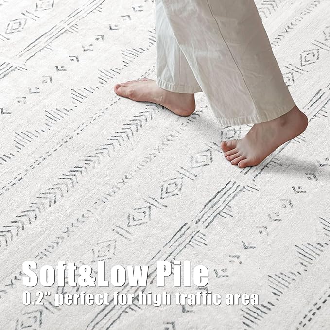 Deerly Large Area Rug, Washable 9x12 Area Rug, Boho Rug for Living Room, Moroccan Rug Farmhouse Washable Rug with Non-Slip Backing, Neutral Morden Indoor Carpet for Bedroom Dining Room, Light Grey